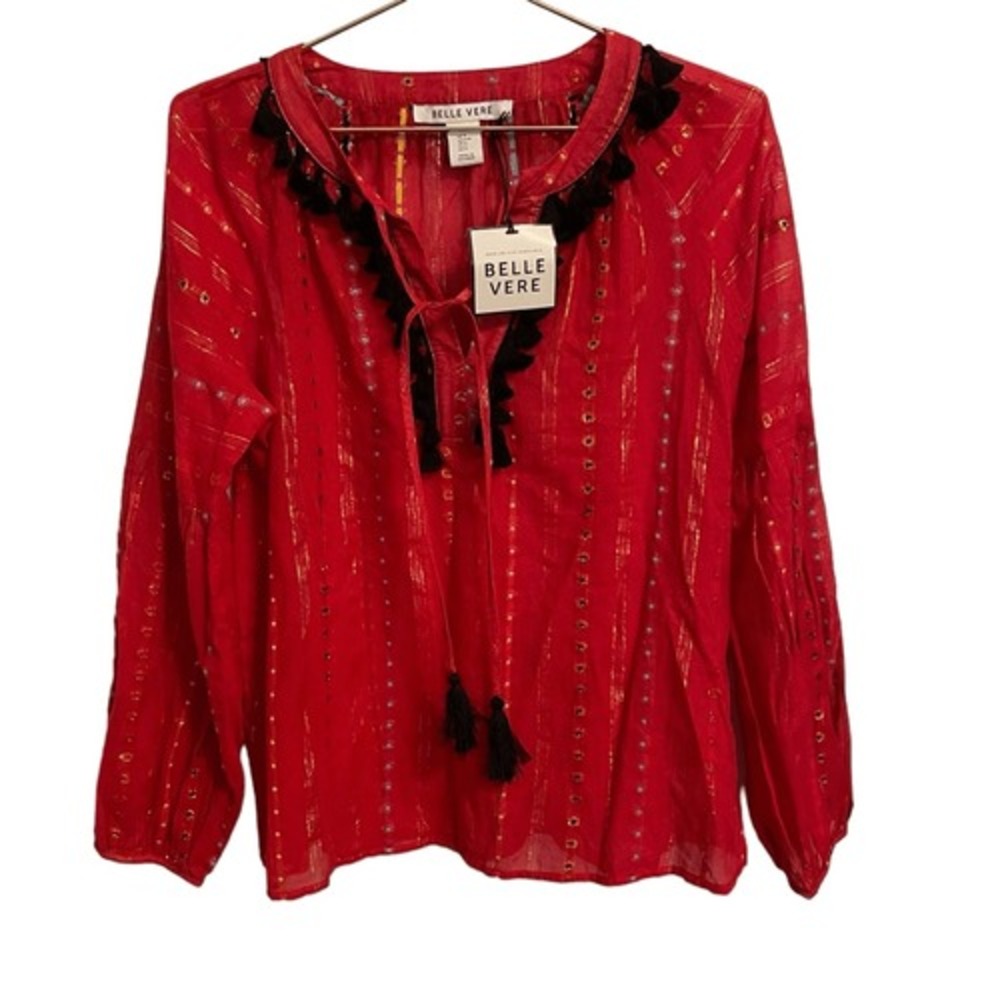 Belle Vere Red Gold Metallic Stripe Tassel Boho Blouse NWT Small